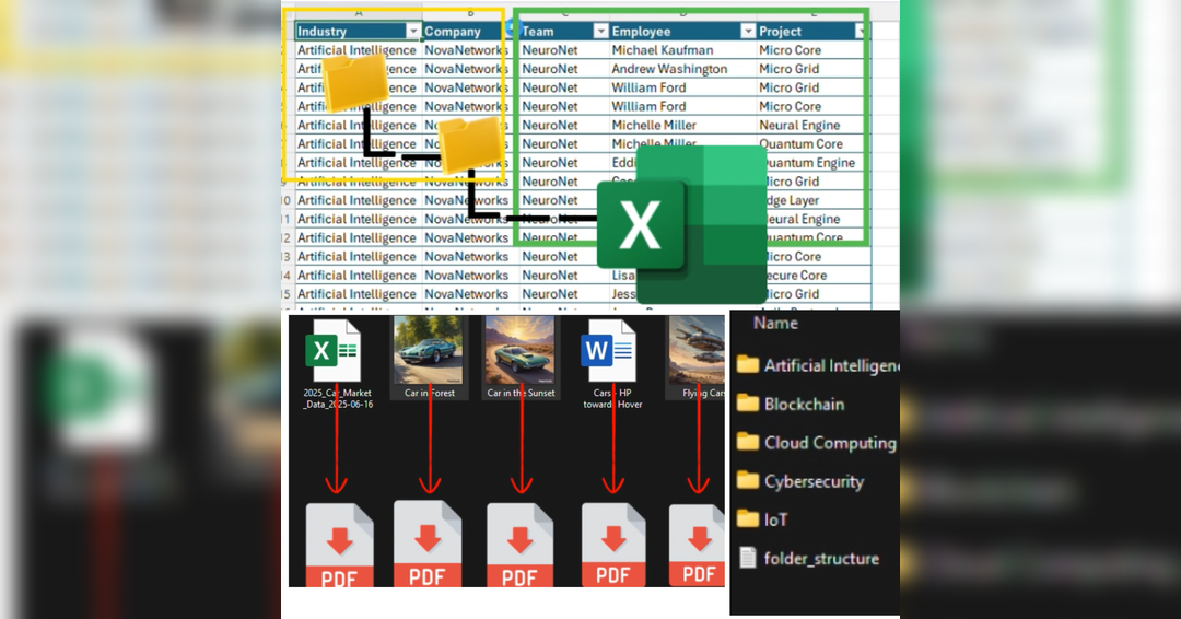 Python Project for bulk converting various files to PDF with compilation options, and converting hierarchechal company data into folders with structure like Industry to Company to Team Project CSV per folder